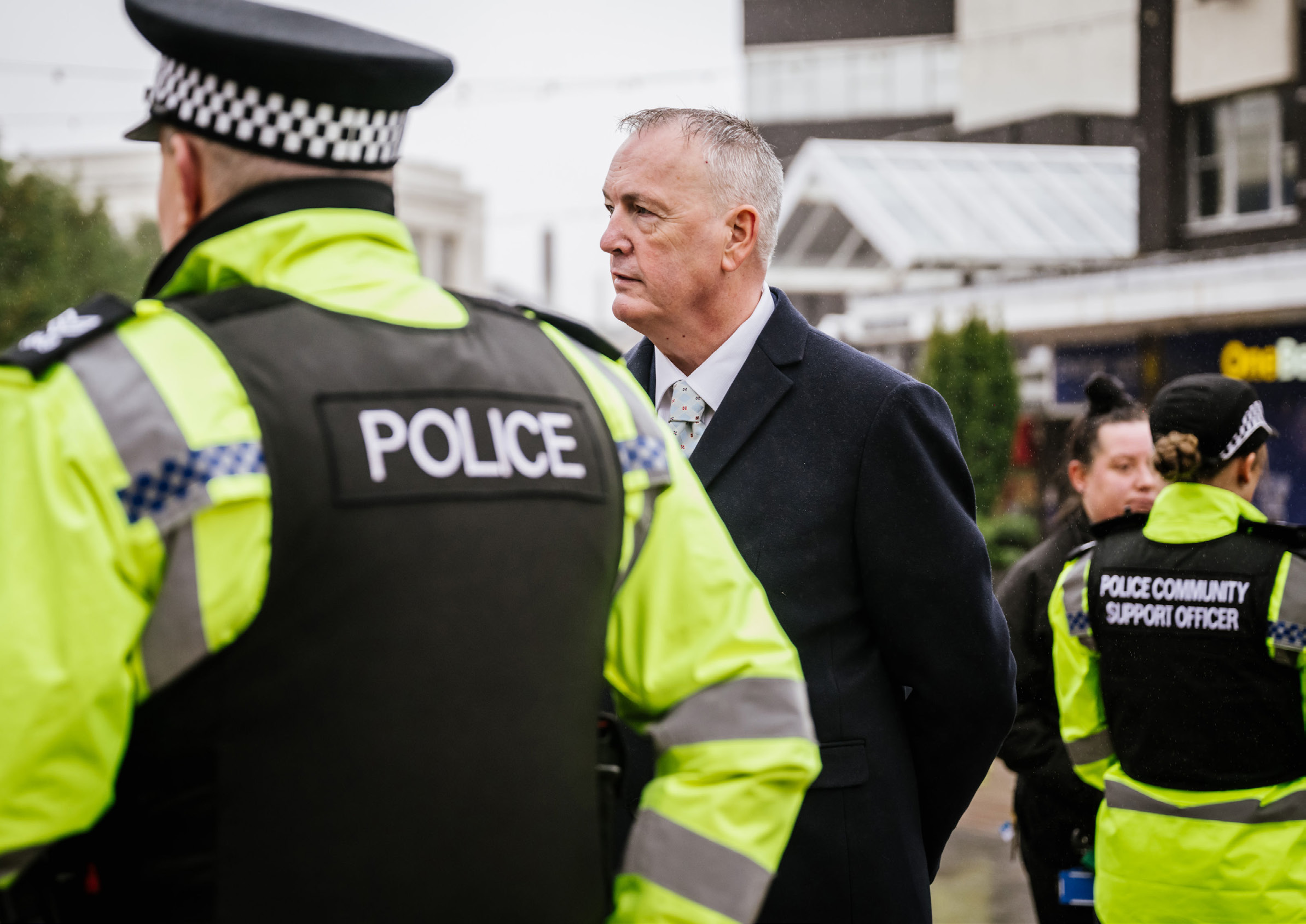 Clive Grunshaw and police officers in Burnley